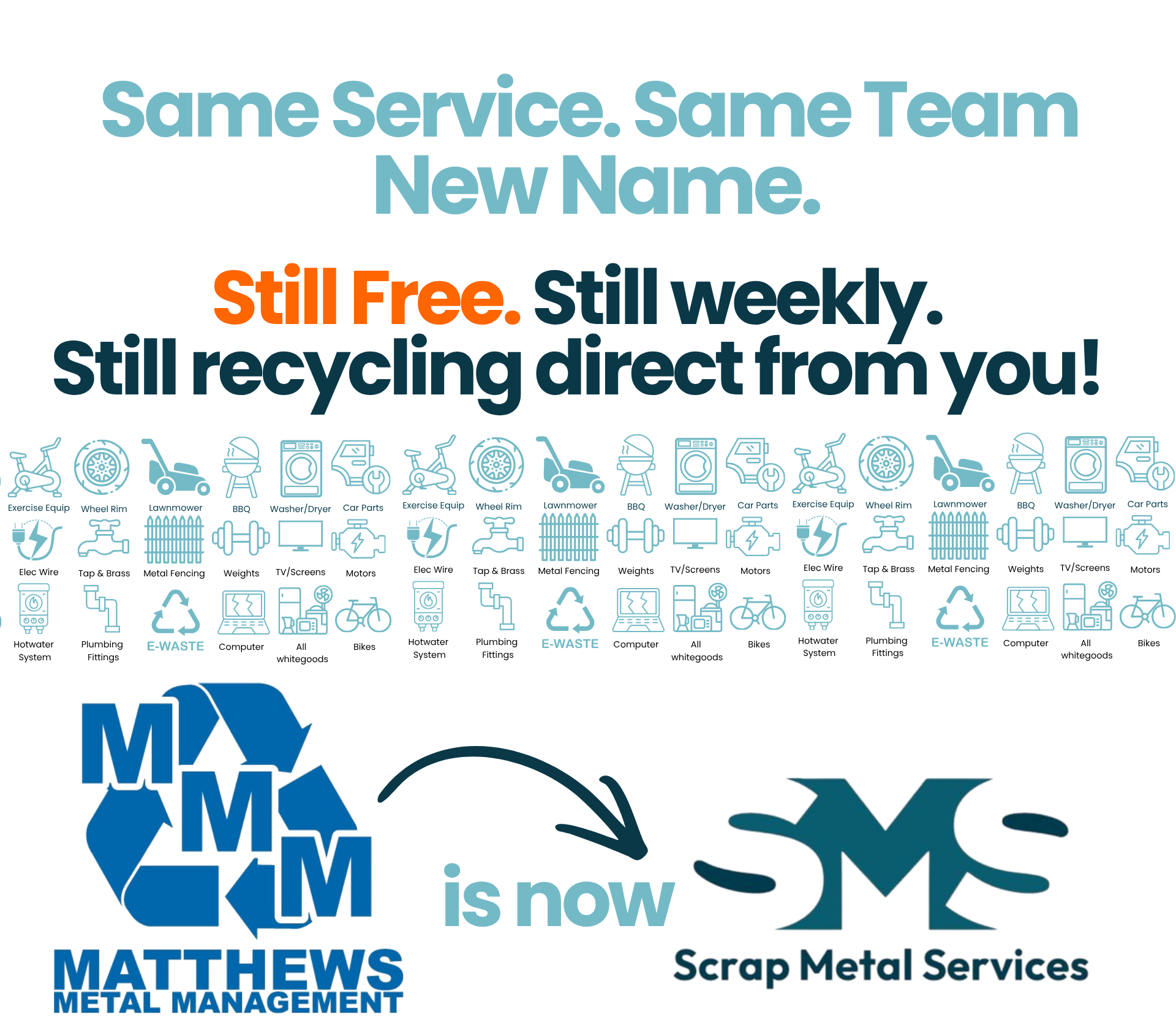 Matthews Metal Management is now Scrap Metal Services - Same Service, Same Team, New Name. Still Free. Still weekly. Still recycling direct from you!